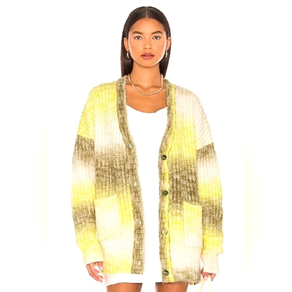 For Love & Lemons Celeste Chunky Knit Cardigan Womens M Yellow Ombre Boho Hippie